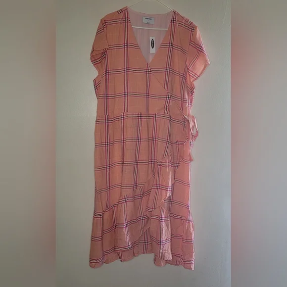 NWT Old Navy Dress Womens XXL Pink Orange Plaid Ruffle Fauz Wrap Picnic Summer - Picture 1 of 10
